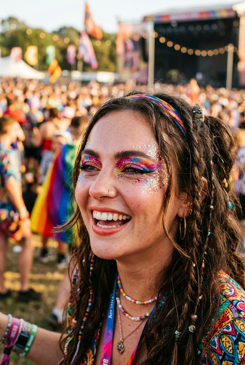 Woman with bold festival makeup featuring glitter and bright colors in outdoor setting