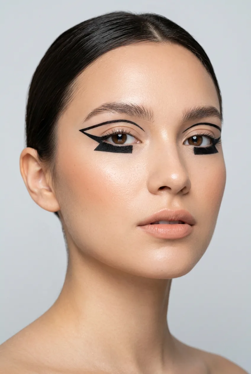 Woman with bold geometric eyeliner creating artistic shapes around the eyes in modern editorial style