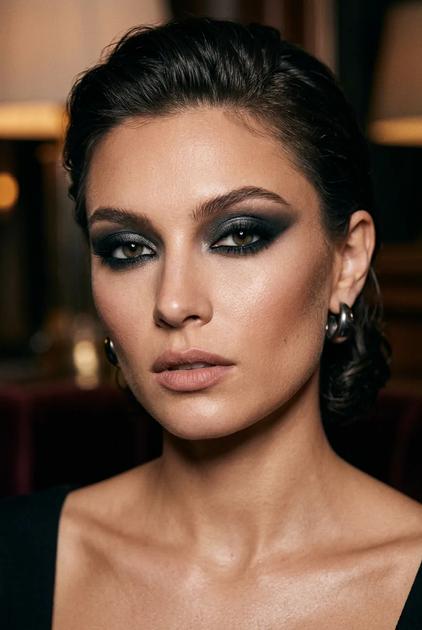 Woman with bold dramatic smokey eye makeup looking directly at camera