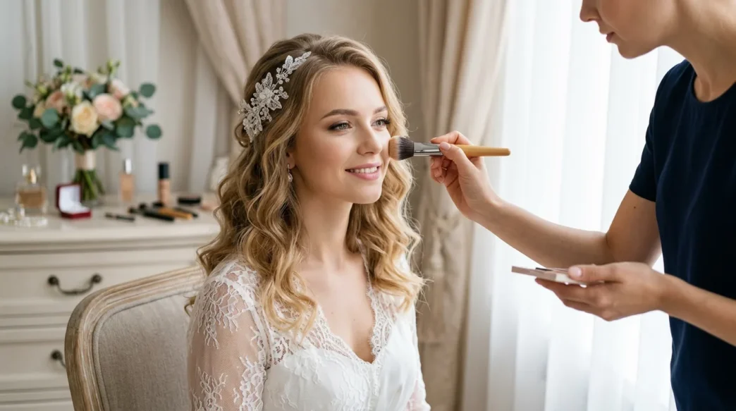 Bride receiving professional makeup application near window with natural light and elegant preparation atmosphere