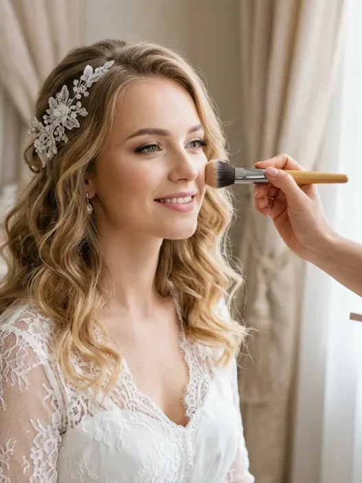 Bride receiving professional makeup application near window with natural light and elegant preparation atmosphere