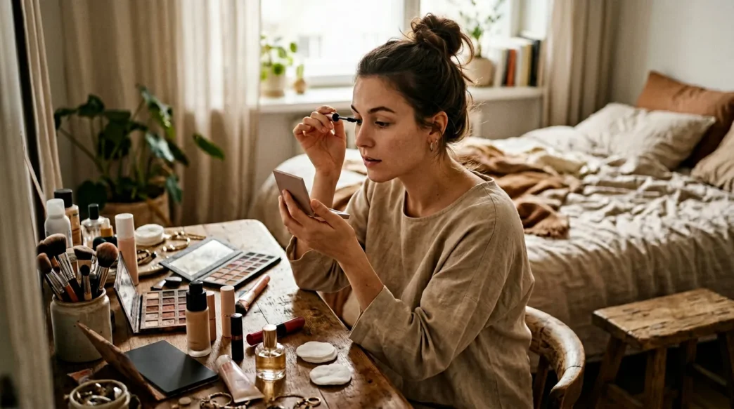 Woman applying makeup at vanity with scattered beauty products in soft morning light