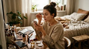 Woman applying makeup at vanity with scattered beauty products in soft morning light