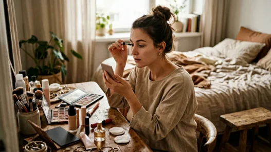 Woman applying makeup at vanity with scattered beauty products in soft morning light