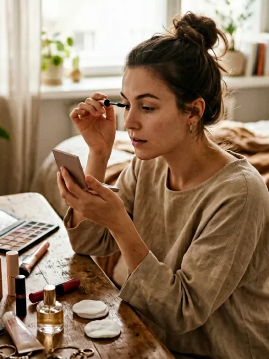 Woman applying makeup at vanity with scattered beauty products in soft morning light