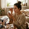 Woman applying makeup at vanity with scattered beauty products in soft morning light