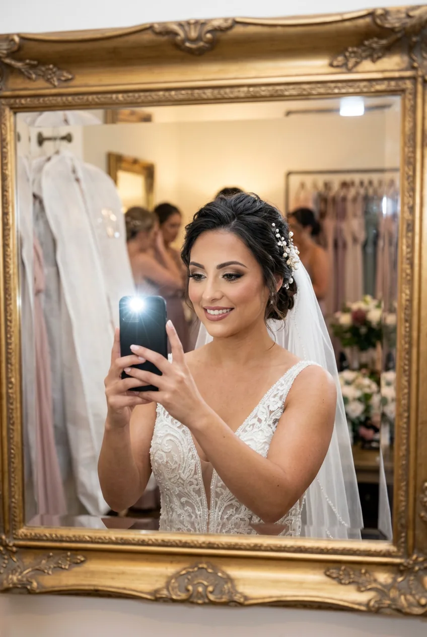Bride taking test photos with phone flash in mirror showing complete wedding makeup look