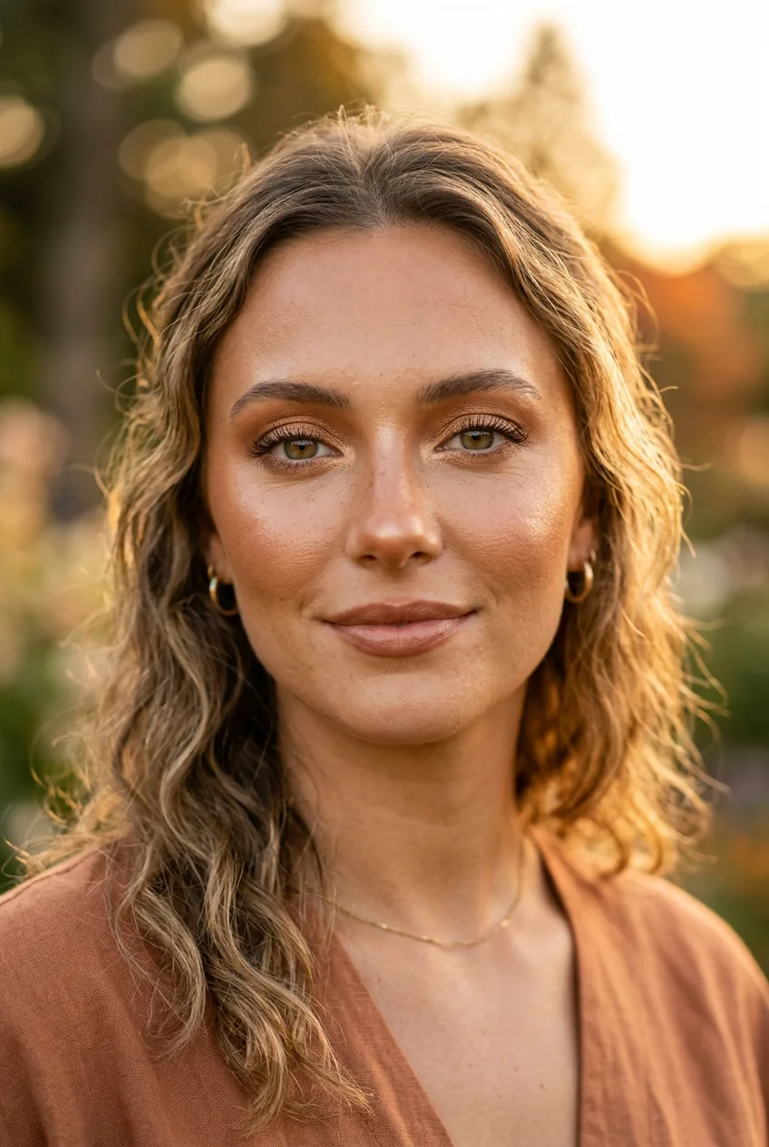 Woman with bronze goddess makeup showing bronzer on nose and eyelids with golden highlighting