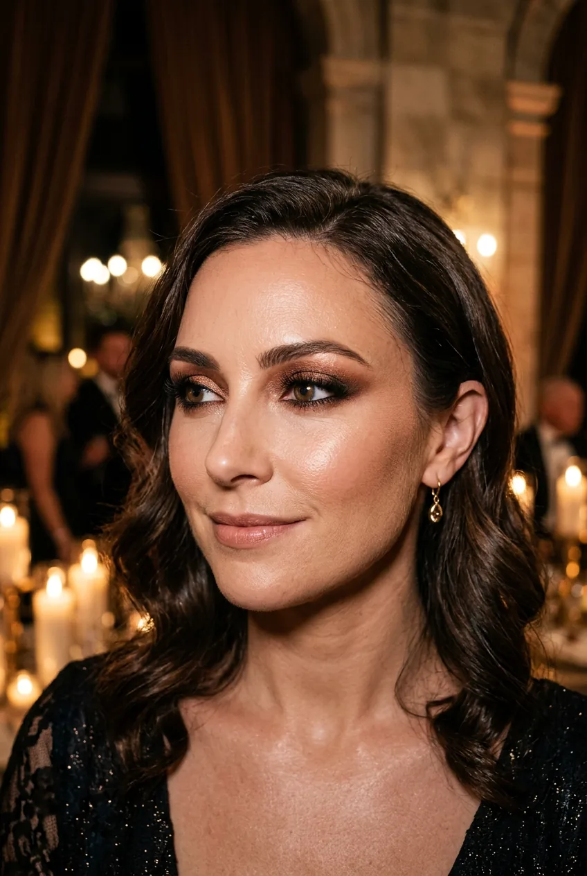 Woman with bronzed smokey eye makeup in elegant evening setting with warm lighting