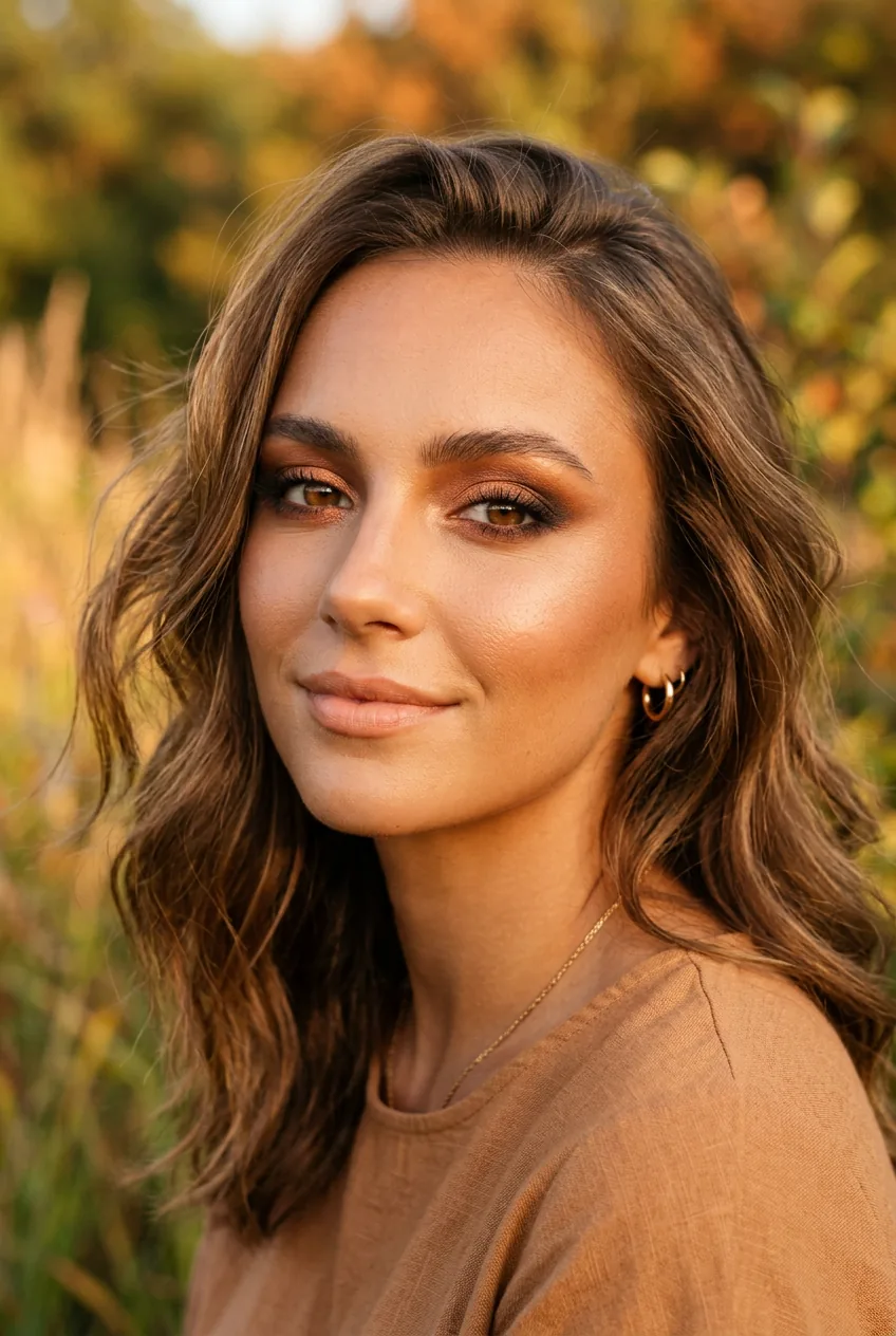 Woman with bronzed smoky eye makeup using warm copper and bronze tones in evening light