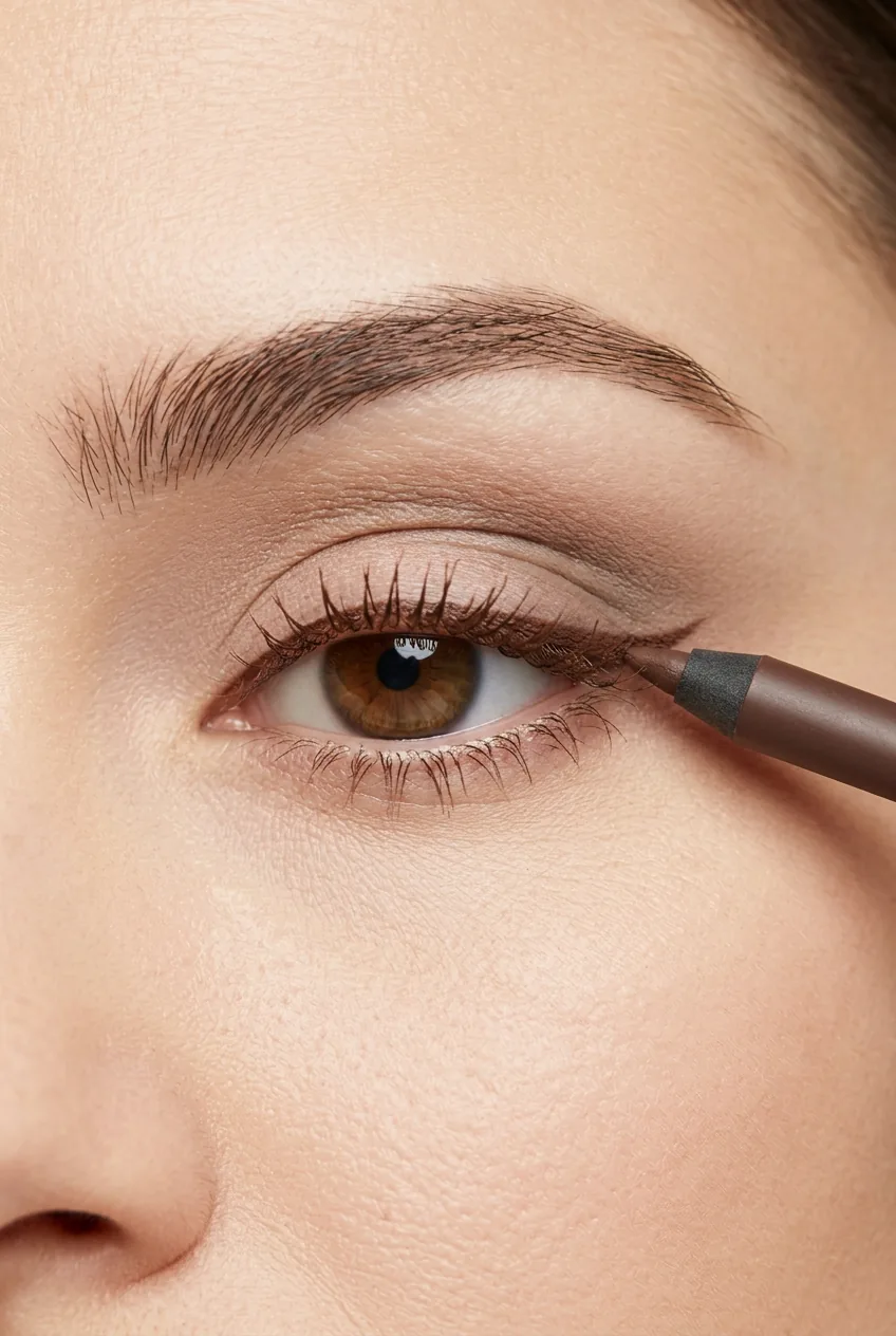Brown eyeliner pencil being applied close to upper lash line with precision