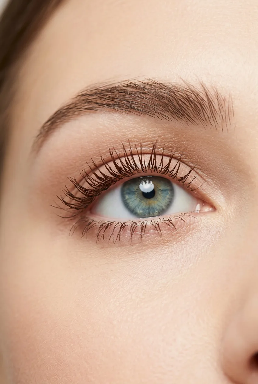Eye with brown mascara application showing natural lash definition for soft ABG look