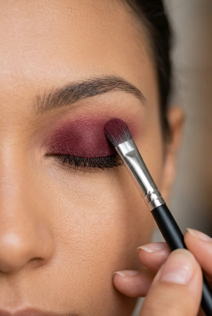Flat shader brush packing rich burgundy eyeshadow onto mobile lid with visible color intensity building