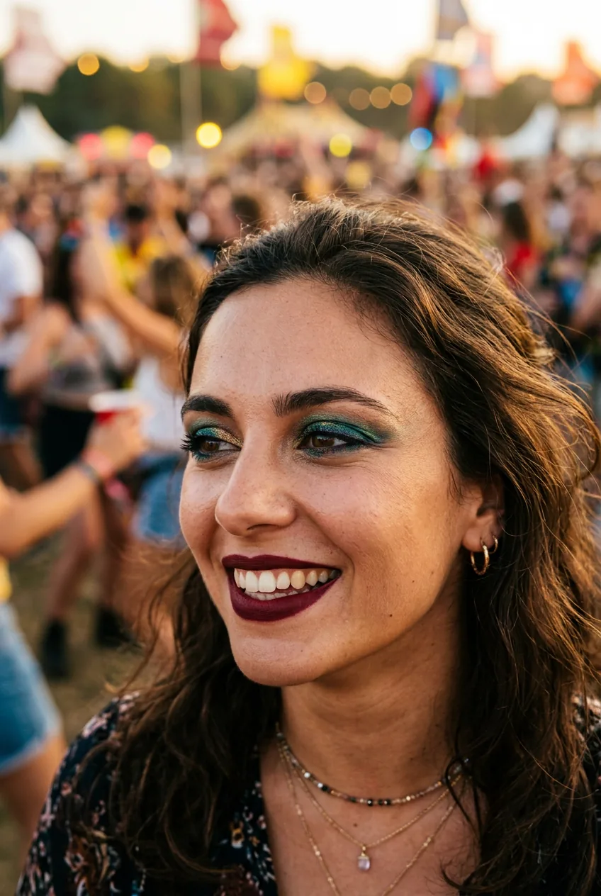 Woman wearing deep burgundy lipstick and emerald eyeshadow in golden hour lighting