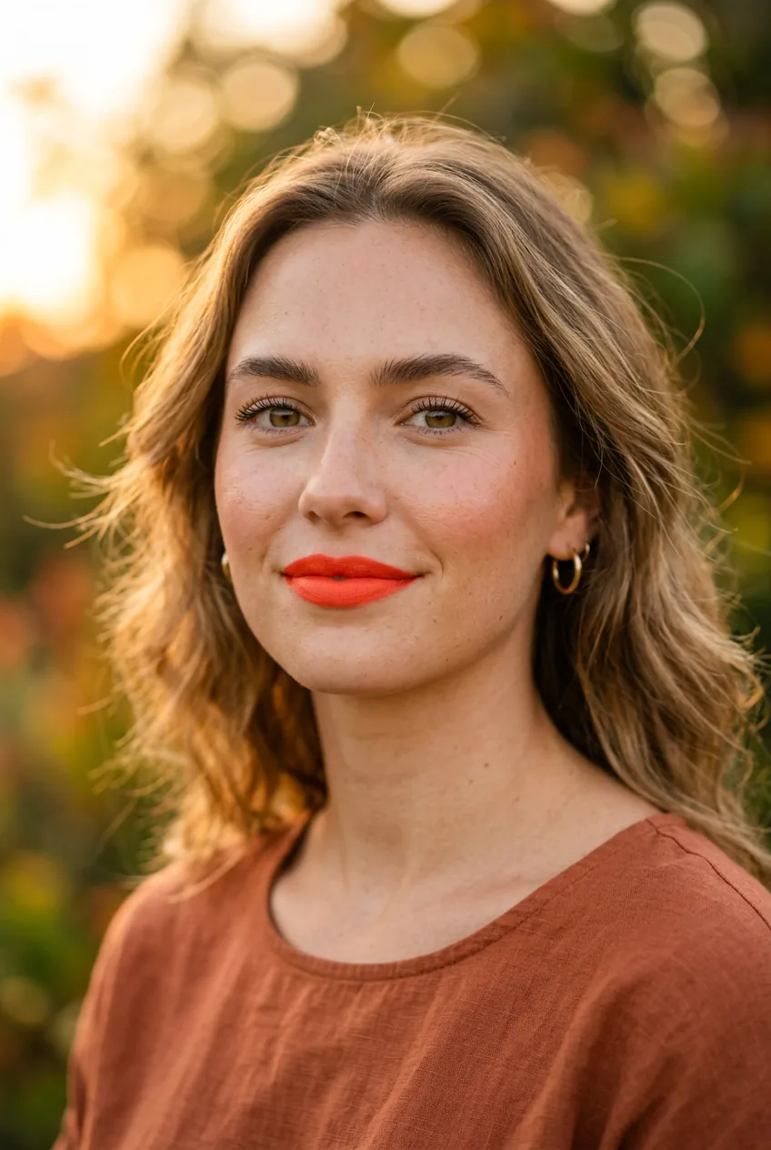 Woman with bright coral citrus pop lips as focal point with minimal eye makeup