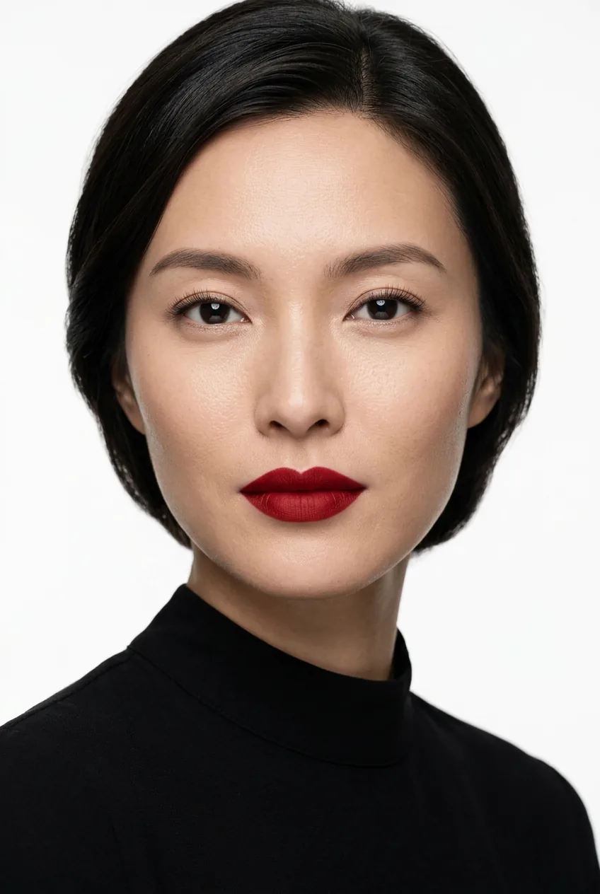 Woman wearing classic matte red lipstick with timeless elegant minimal eye makeup