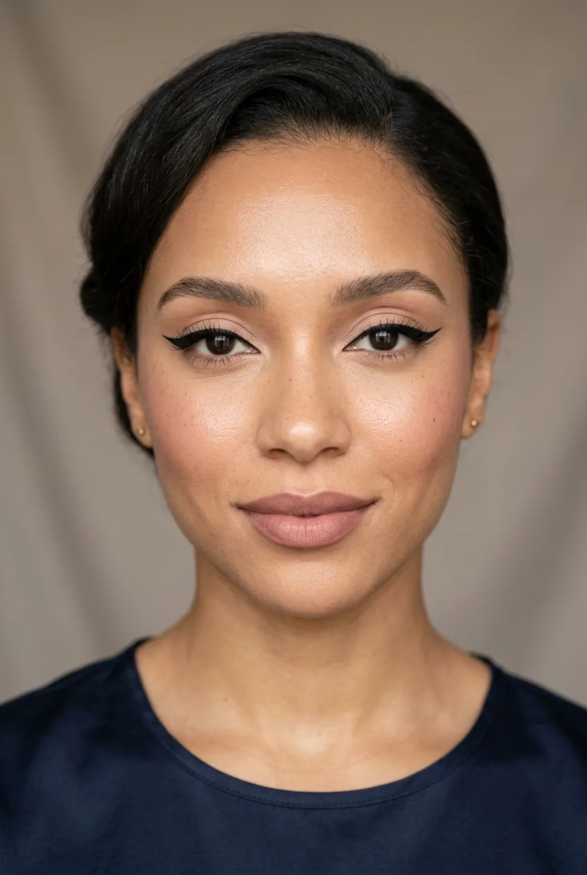 Woman with classic black winged eyeliner creating timeless polished makeup look