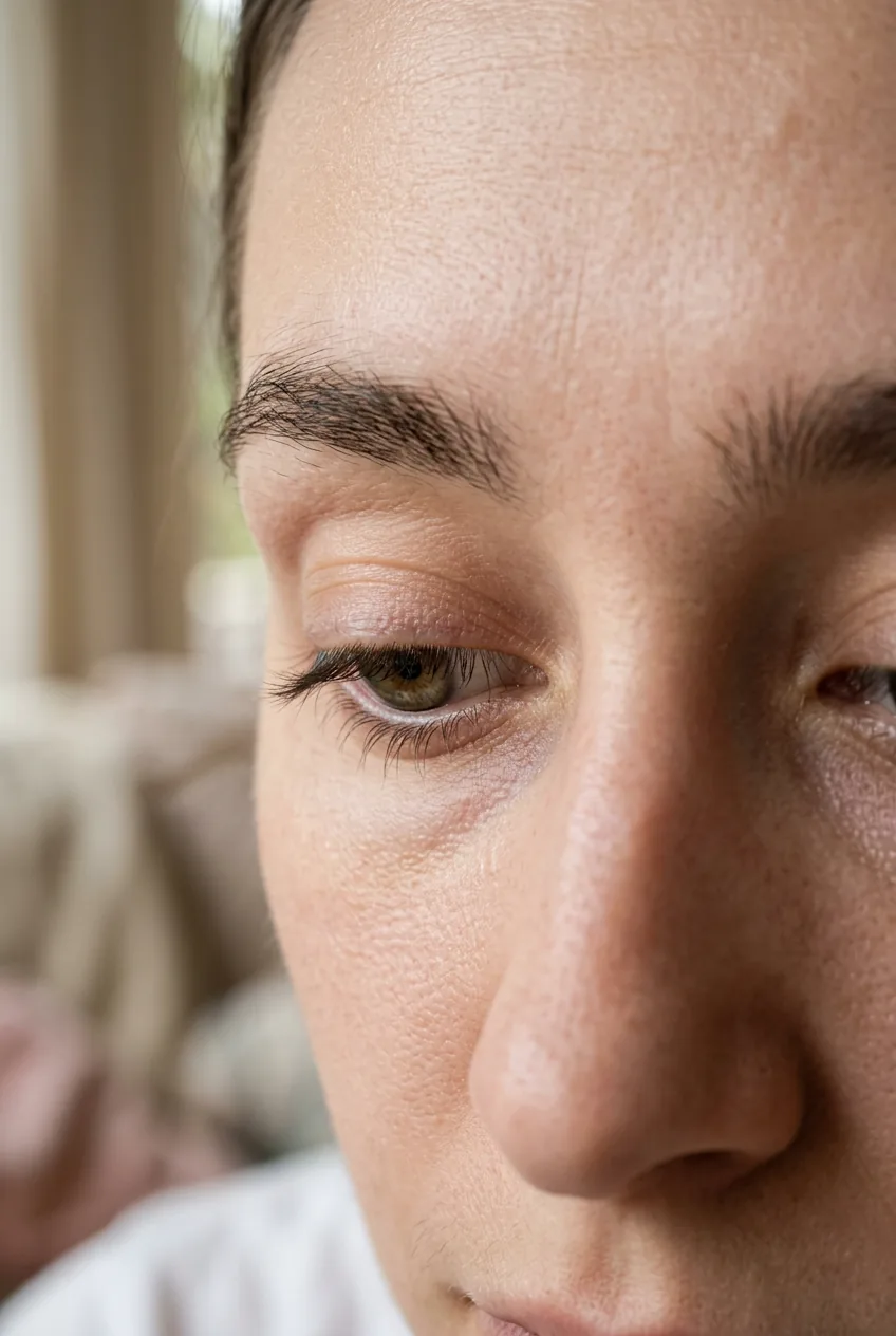 Close-up of bare female eyes with no makeup showing natural eyelid and lash area