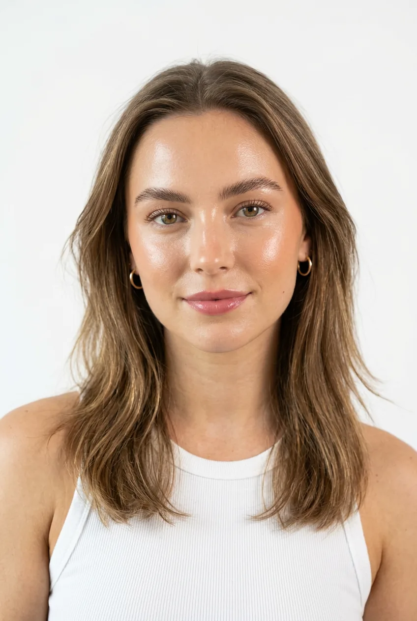Woman showcasing clean girl aesthetic with dewy skin groomed brows and cream blush