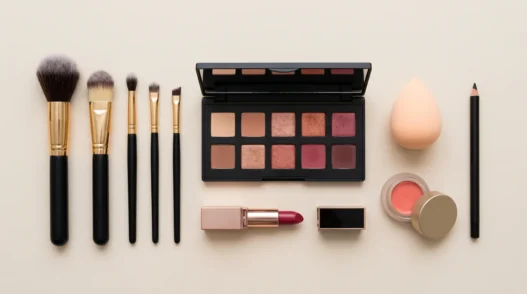 Professional makeup tools and products arranged in organized flat lay on clean white surface with bright lighting