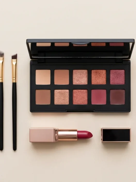 Professional makeup tools and products arranged in organized flat lay on clean white surface with bright lighting