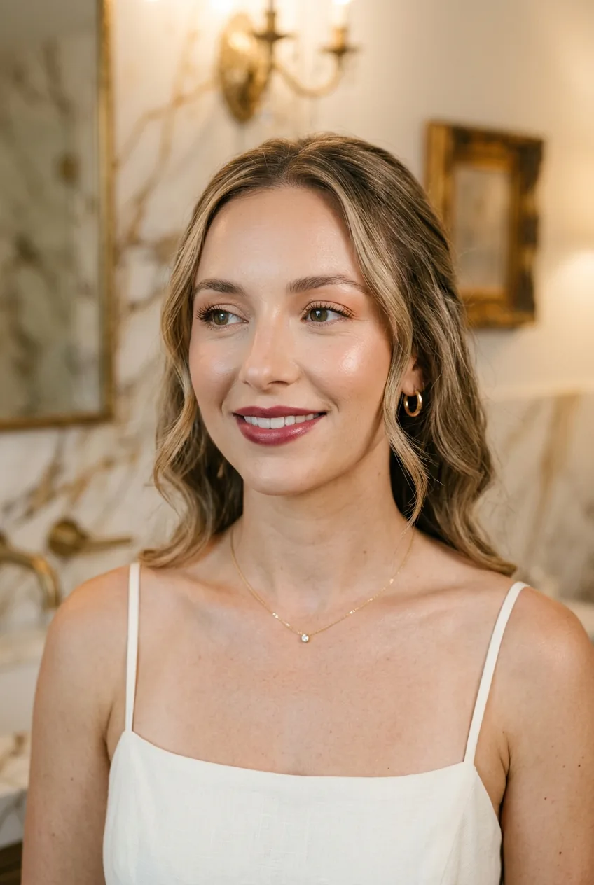 Woman with coastal minimalist summer wedding makeup showing berry stained lips and natural skin