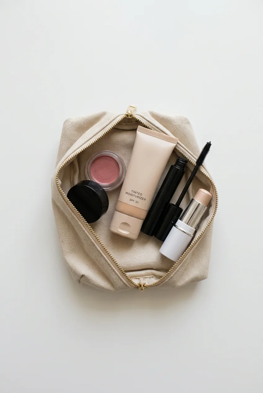 Overhead view of compact makeup bag containing four essential multipurpose products on white background