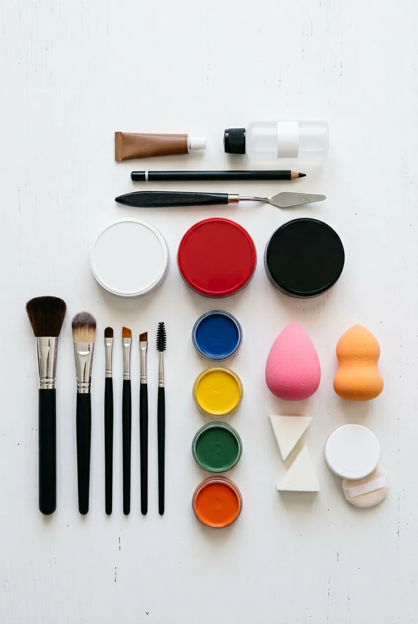 Complete clown makeup kit displaying red white black theatrical makeup with brushes and sponges