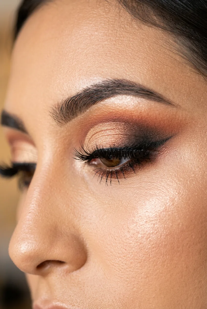 Completed dramatic eye makeup showing full transformation with blended shadows and defined lashes