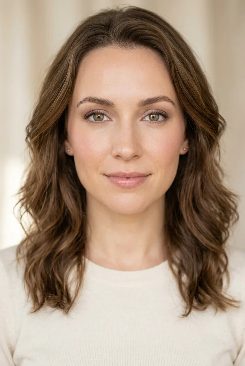 Full face portrait showing completed natural makeup with enhanced features