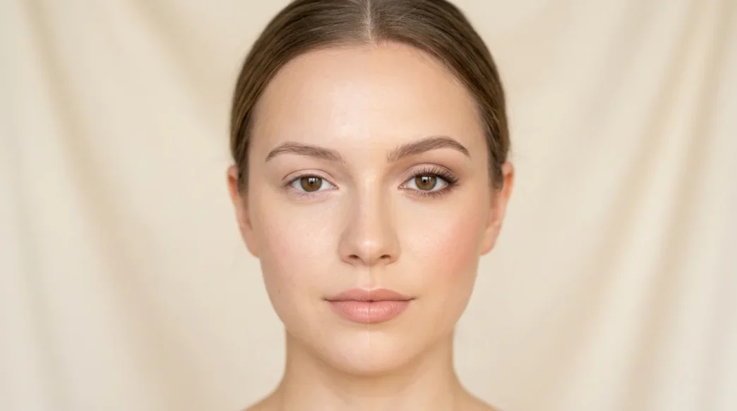 Woman showing completed natural makeup look with flawless base and subtle eye makeup