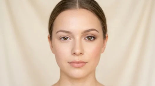 Woman showing completed natural makeup look with flawless base and subtle eye makeup
