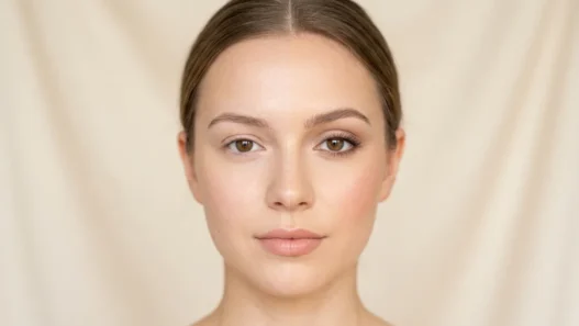 Woman showing completed natural makeup look with flawless base and subtle eye makeup