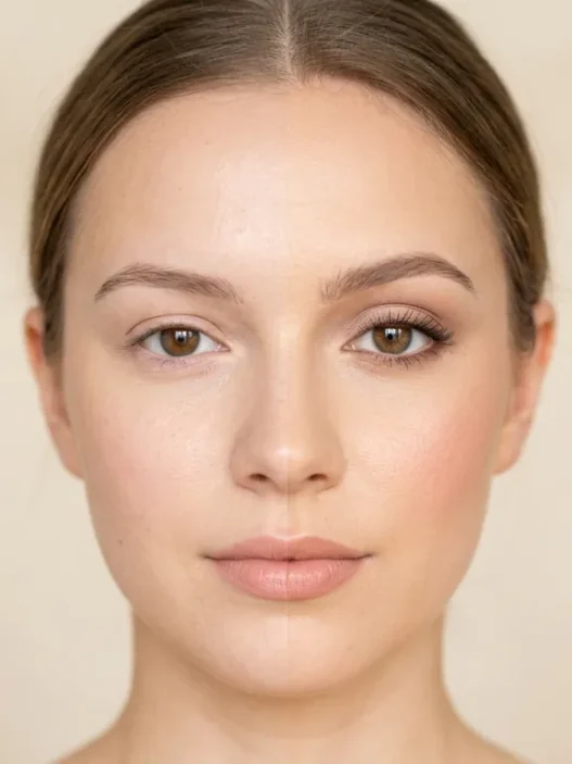 Woman showing completed natural makeup look with flawless base and subtle eye makeup