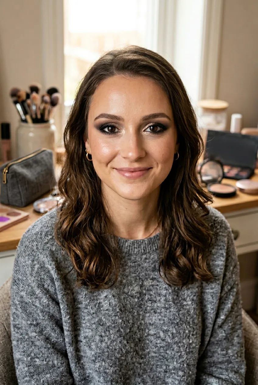 Woman with completed smoky eye makeup look smiling with brushes and palette in background
