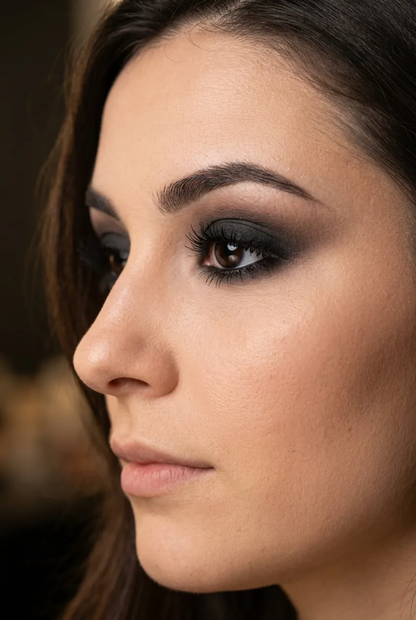 Side view of woman's eye showing completed dramatic smoky makeup with seamless dark gradient