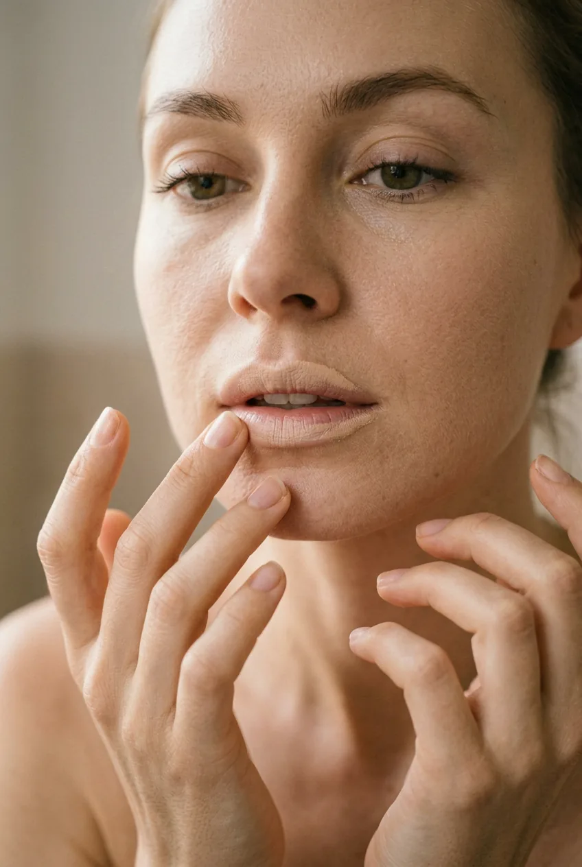 Woman using fingertip to apply concealer and even out natural lip color