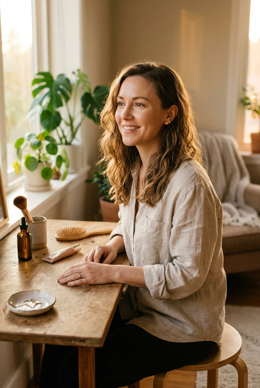 Confident woman with natural minimal makeup sitting at simple vanity in golden hour lighting