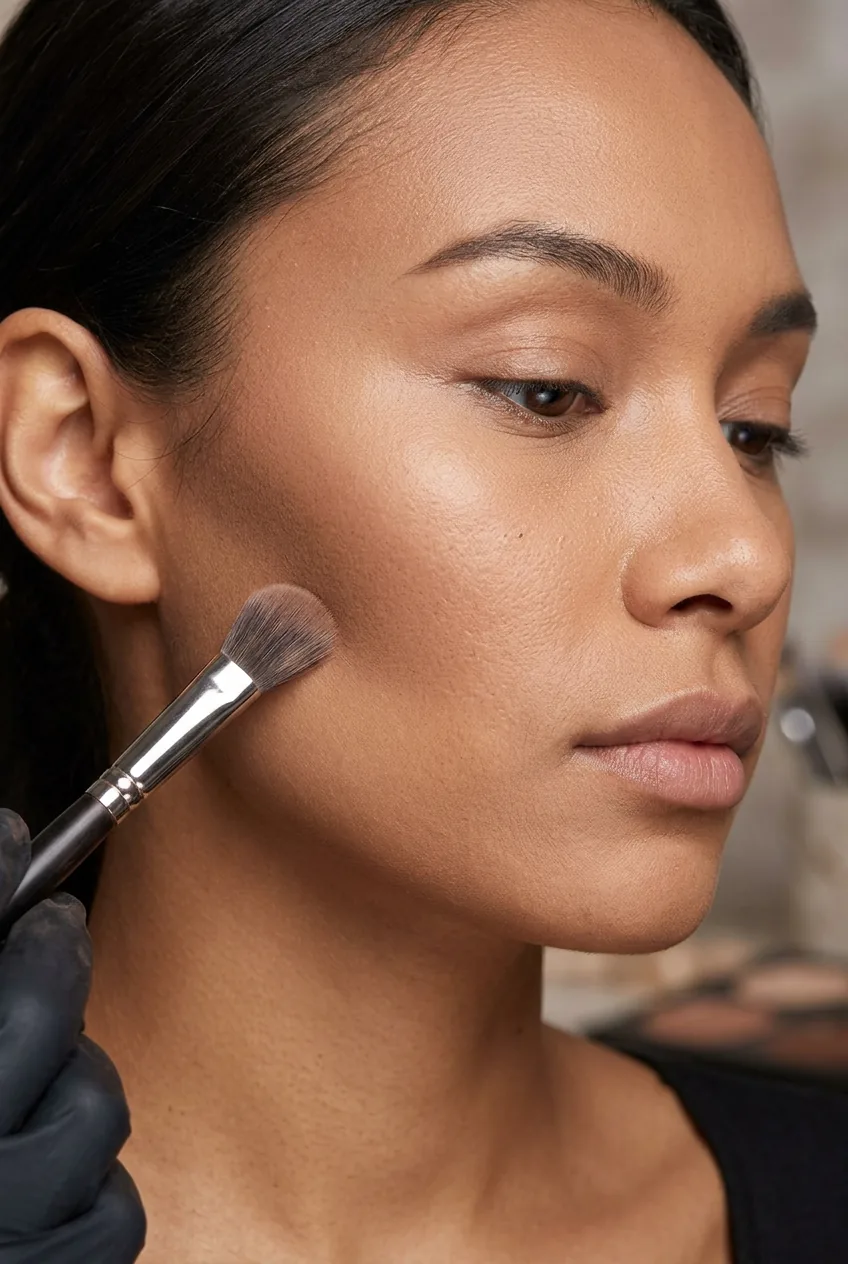 Angled brush applying cool-toned contour powder to cheekbone showing precise placement and blending technique
