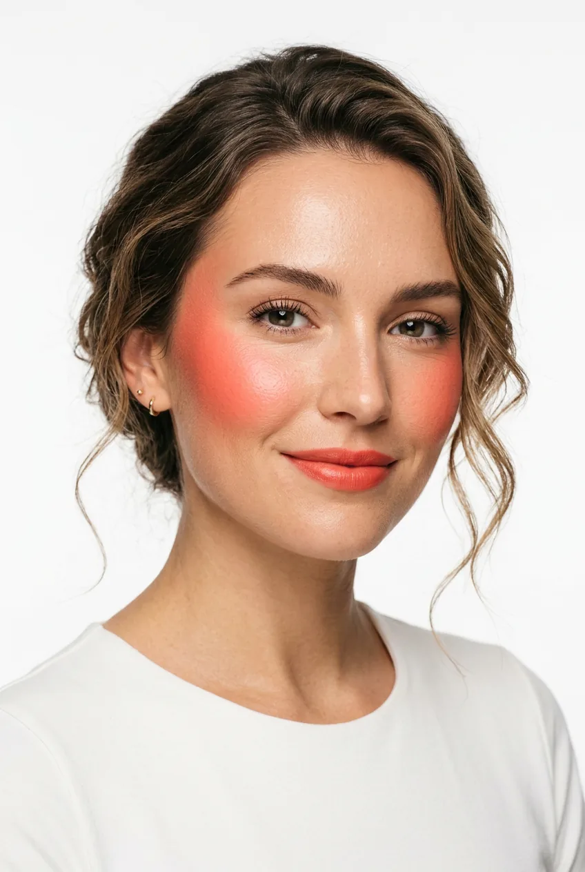 Woman wearing bright coral blush swept high on cheekbones with vibrant placement