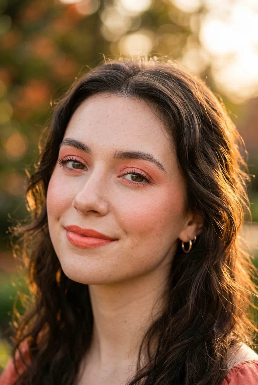 Woman wearing coral monochrome makeup with matching coral tones on eyes cheeks and lips