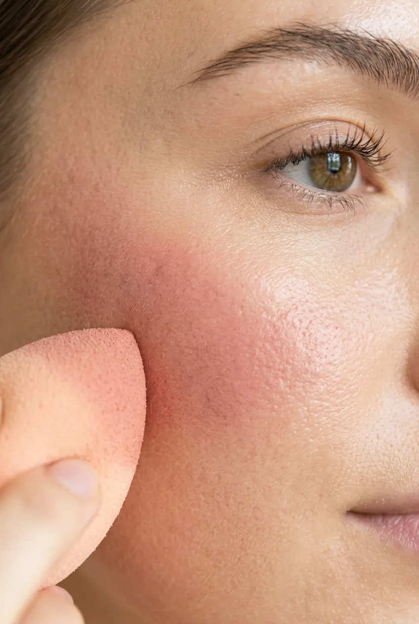 Cream blush being applied to cheek with beauty sponge for natural flush effect