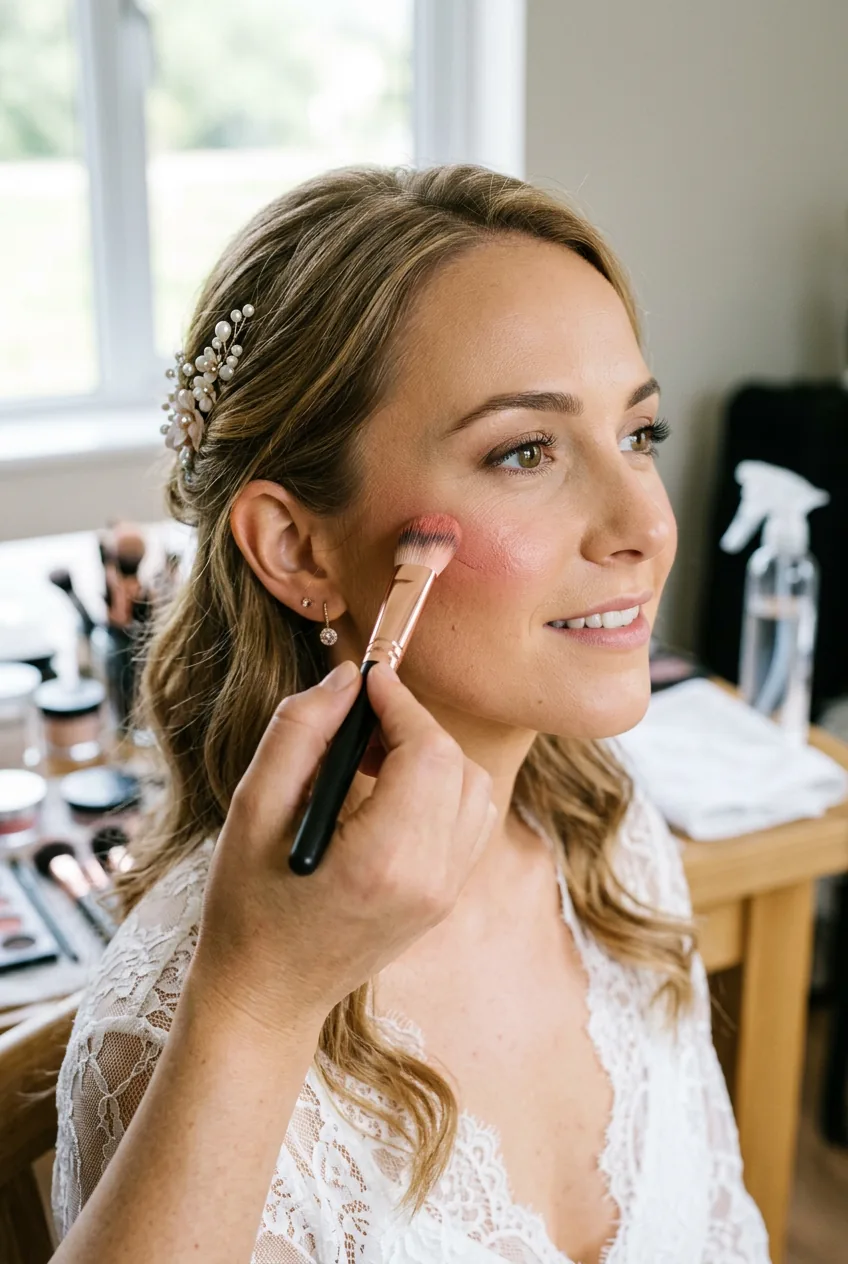 Cream blush being applied to bride's cheekbones with brush showing color payoff on skin