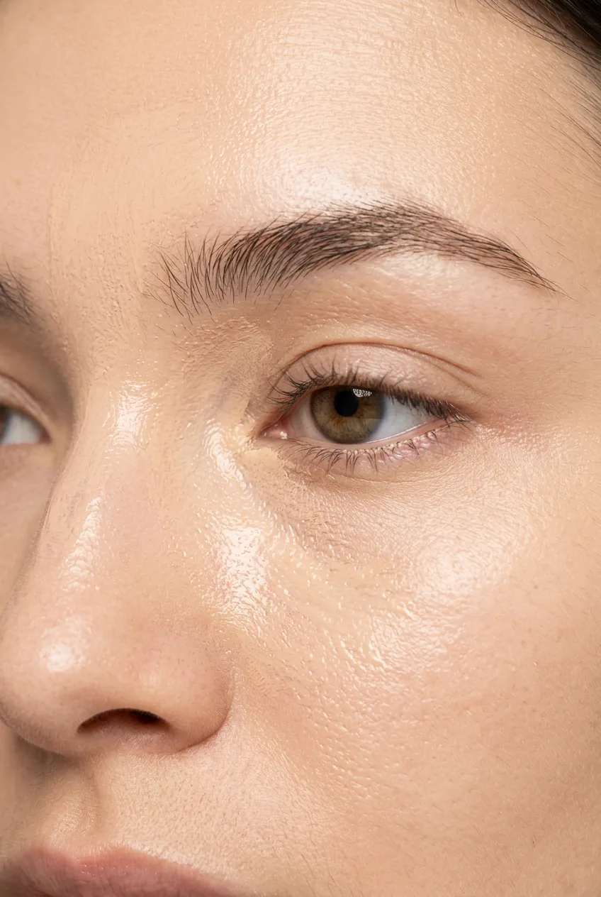 Single eye showing cream blush being gently pressed onto eyelid near lash line