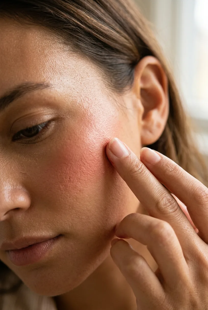 Close-up of cream blush being blended into cheekbone with fingertips creating natural flush