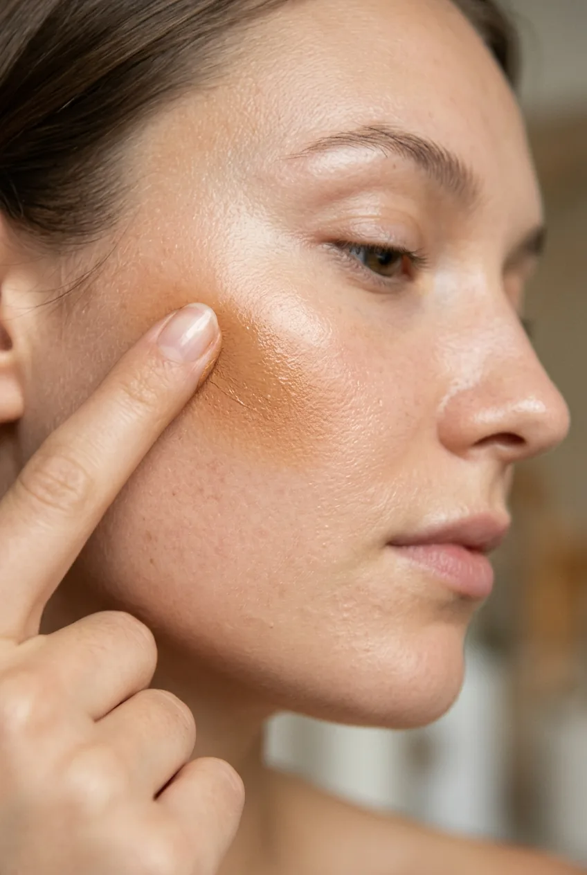 Macro shot of cream bronzer being patted along cheekbone with fingertip creating seamless wash