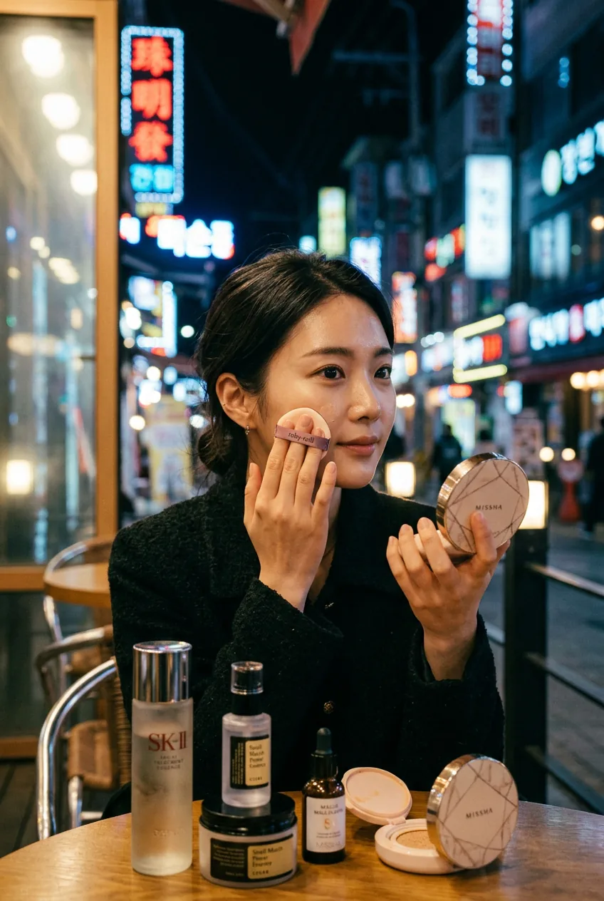 Woman gently applying cushion foundation with tapping motions surrounded by Korean skincare products