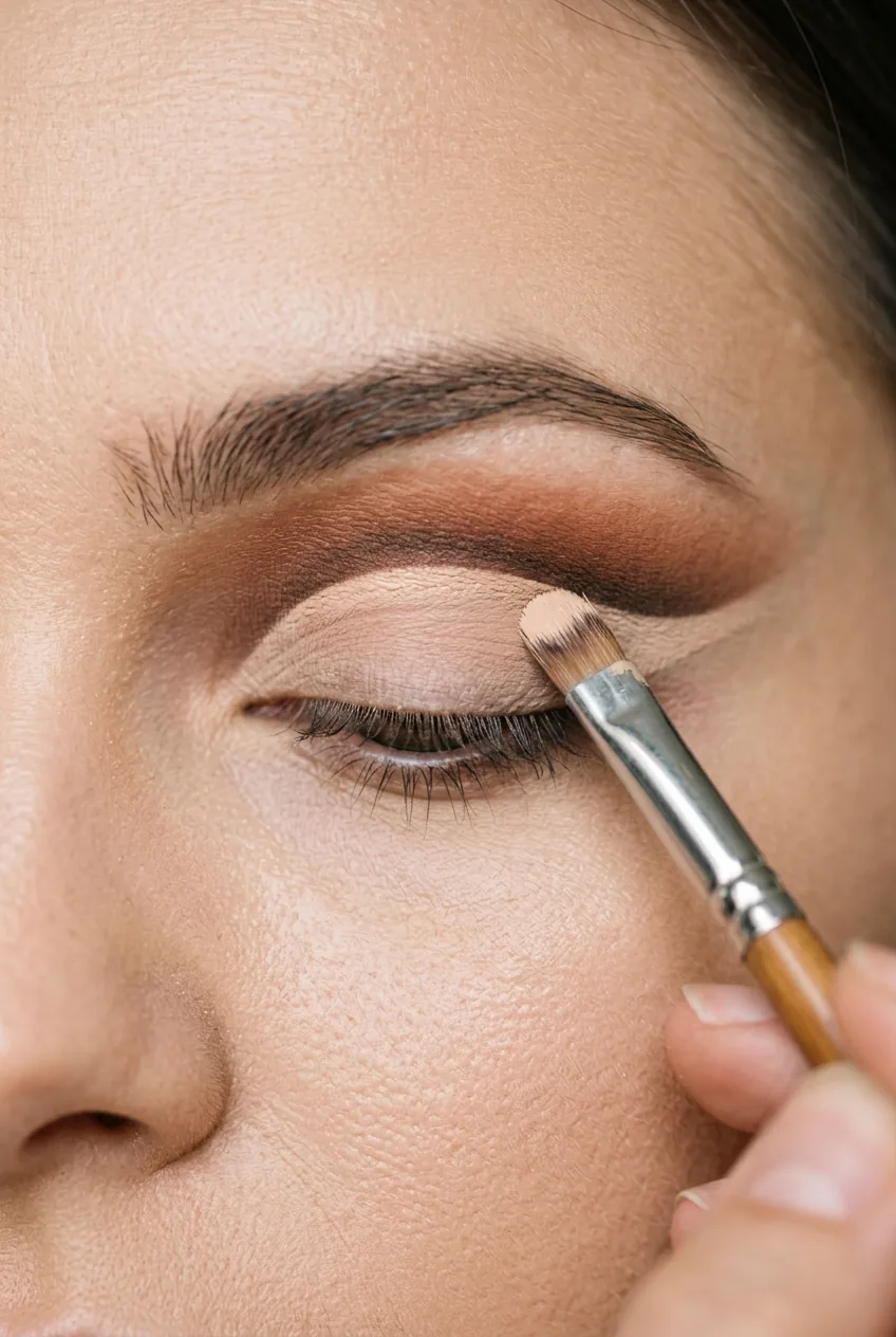 Close-up of flat brush carving sharp cut crease with concealer creating precise line above natural crease