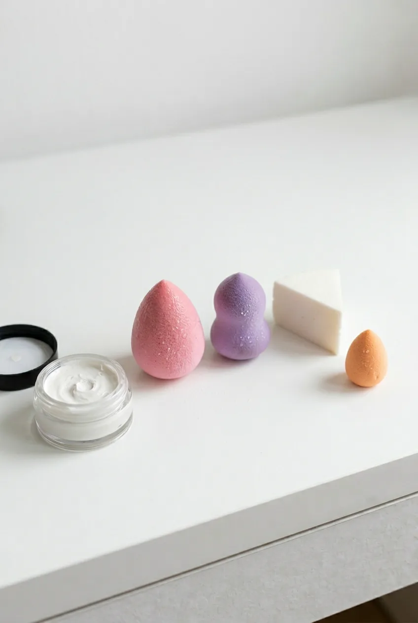 Damp makeup sponges arranged with white theatrical foundation showing different textures and application tools
