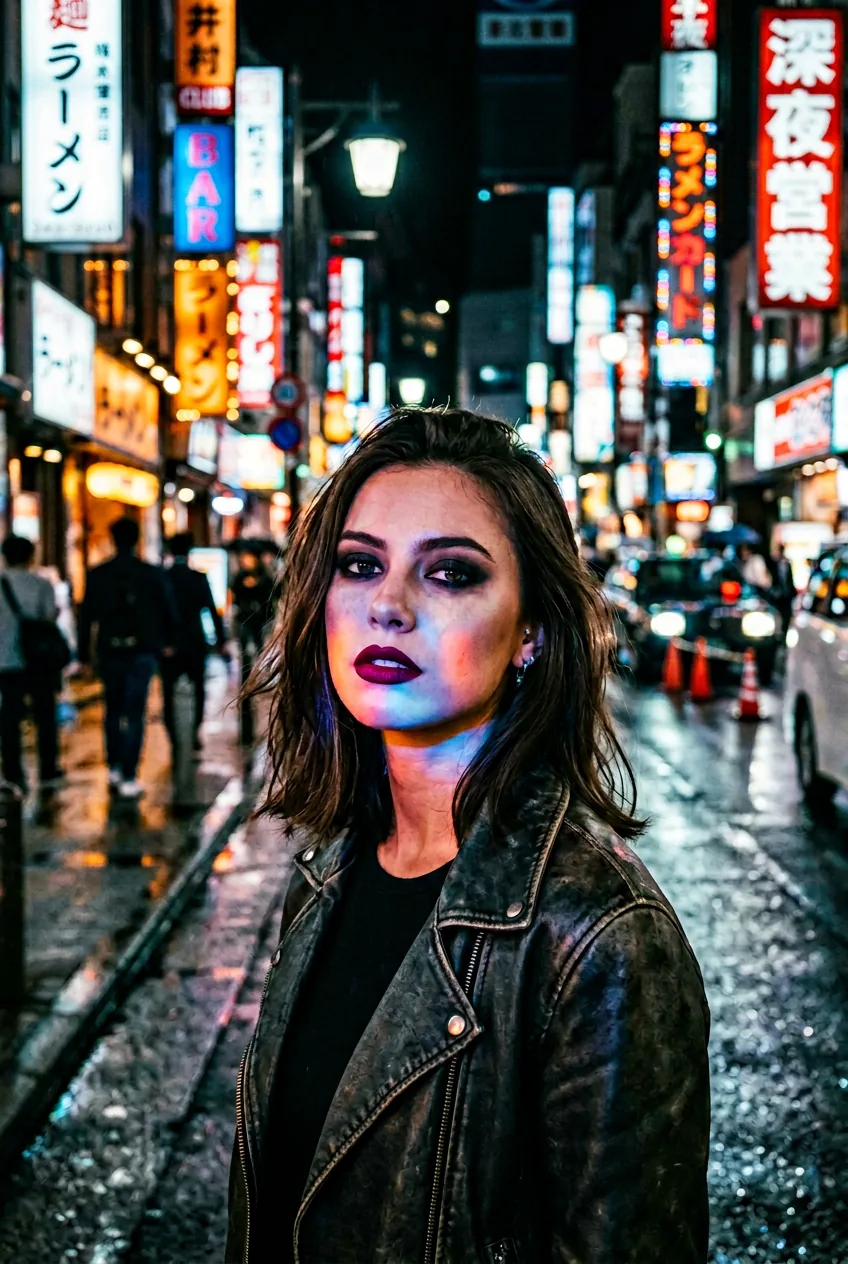 Woman wearing dark berry lipstick and smoky eye makeup with colorful city lights reflecting on face